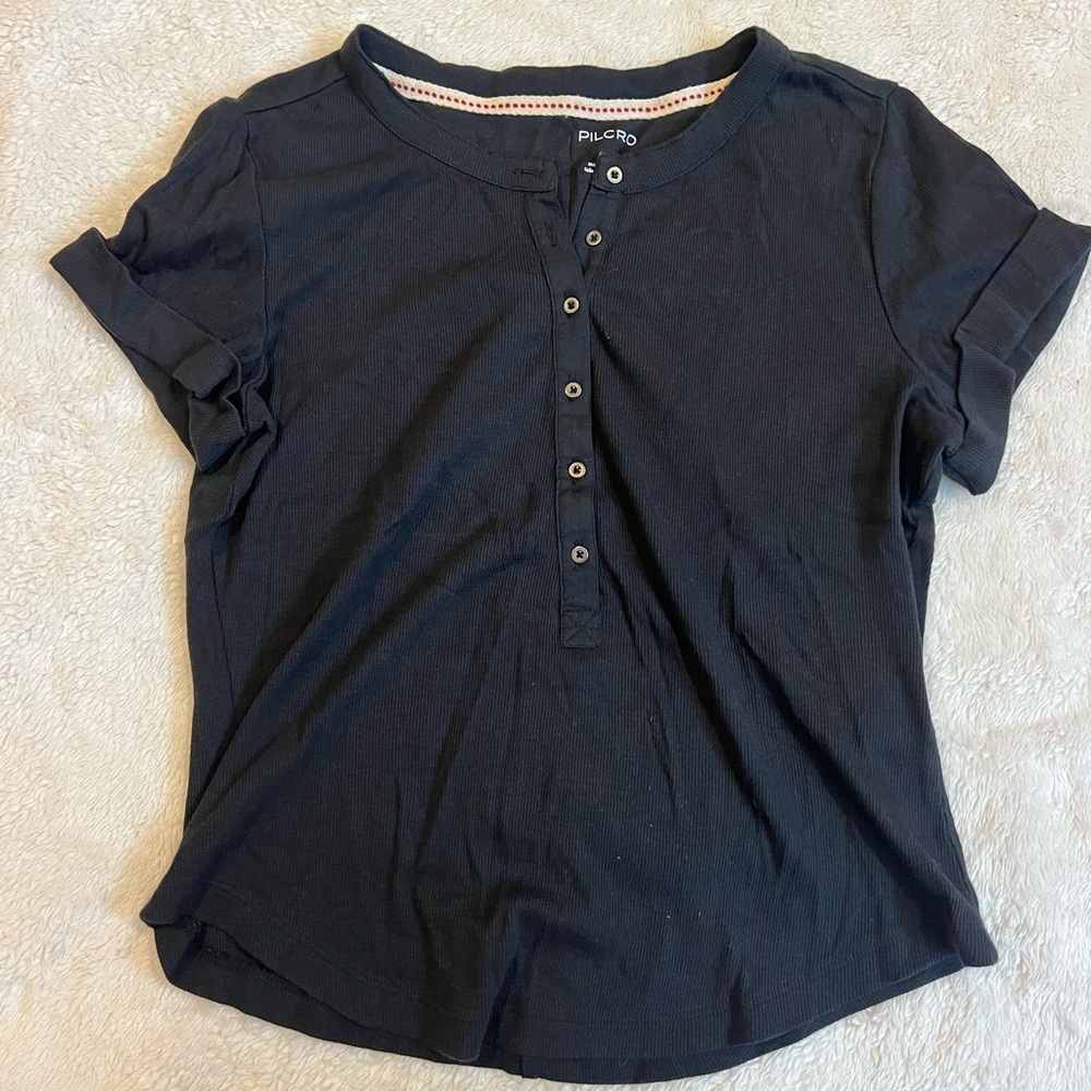 Anthropologie Black Short-Sleeve Henley Tee
